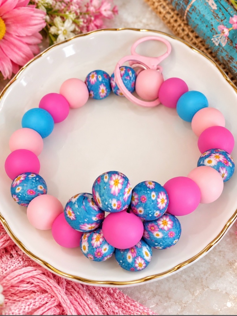Beaded Floral Wristlet Keychain in Pink & Blue
